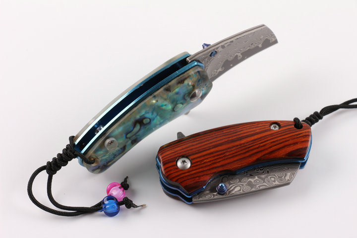 Damascus Little brother wood and abalone handle material folding pcoket knife UD404942